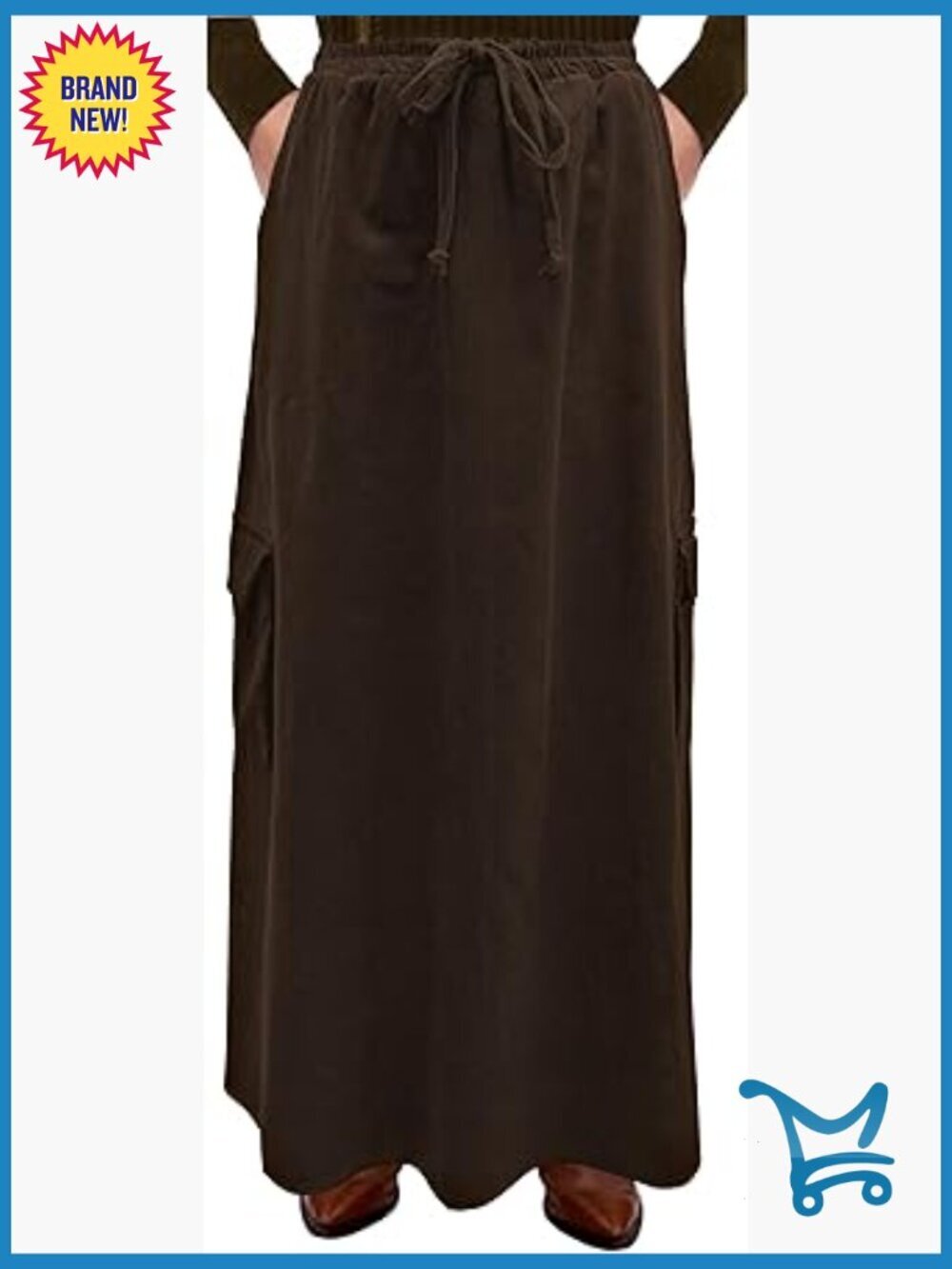 Cotton Corduroy Drawstring Elastic Waist Cargo Pocket Maxi Skirt